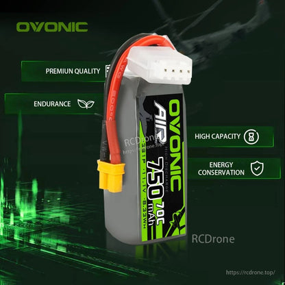 Feature icons graphic with upright Ovonic 750mAh battery and labels like endurance and high capacity