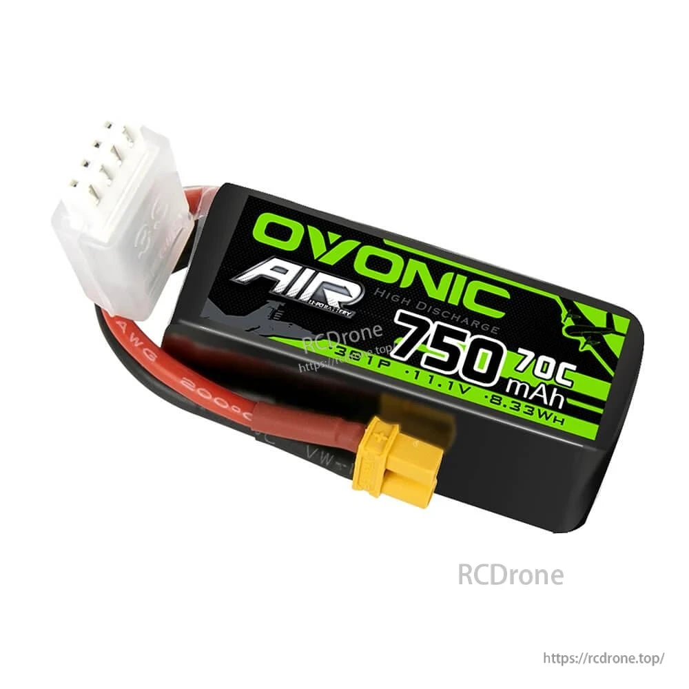 Ovonic 3S 750mAh 11.1V LiPo battery angled view showing XT30 connector and balance plug