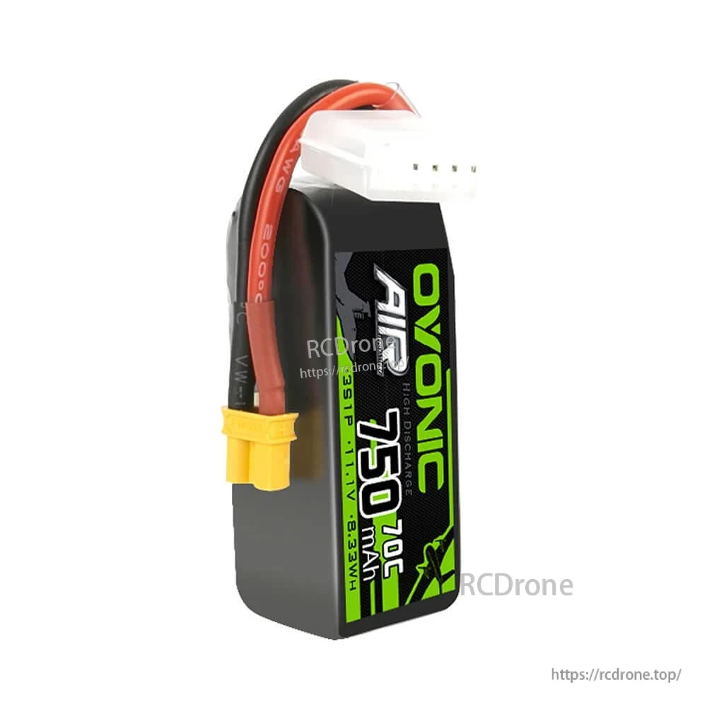 Ovonic Air 750mAh 70C battery standing upright, side profile with XT30 and balance connector wires