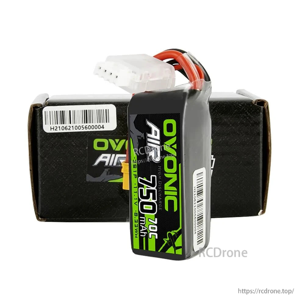 Ovonic 750mAh LiPo battery standing in front of box, barcode side and balance connector visible