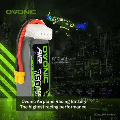 Ovonic 750mAh LiPo battery application graphic with racing drone background, upright battery view