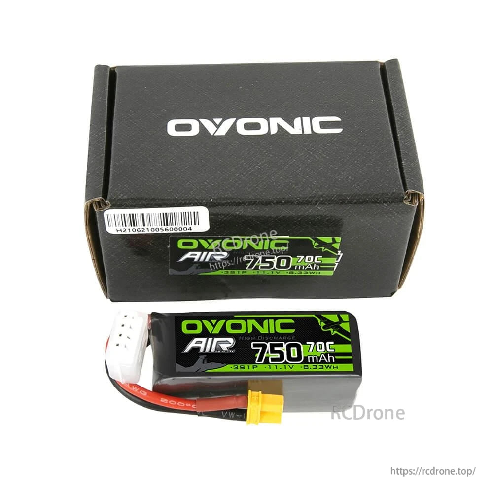 Ovonic battery and retail box shown together, box top and battery with XT30 connector