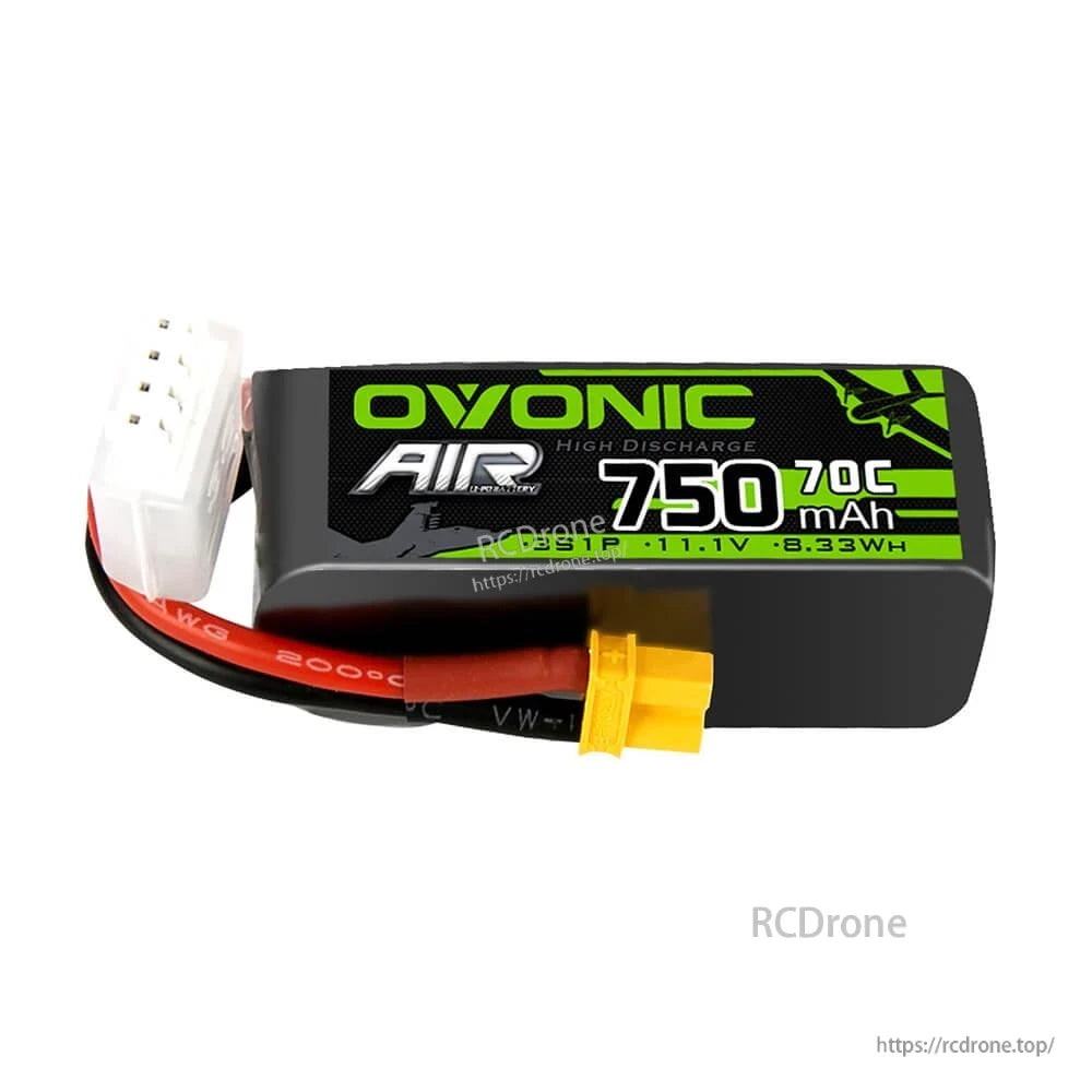 Single Ovonic Air 750mAh 70C 3S LiPo battery, label side view with XT30 lead and balance plug