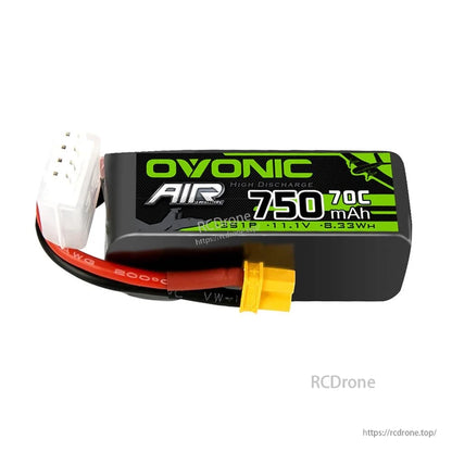 Single Ovonic Air 750mAh 70C 3S LiPo battery, label side view with XT30 lead and balance plug
