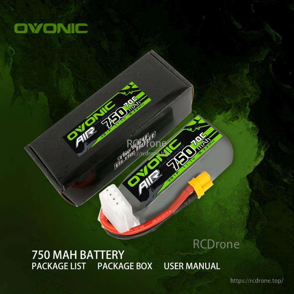 2× Ovonic 3S 750mAh 11.1V 70C LiPo Battery shown with package box and user manual list graphic