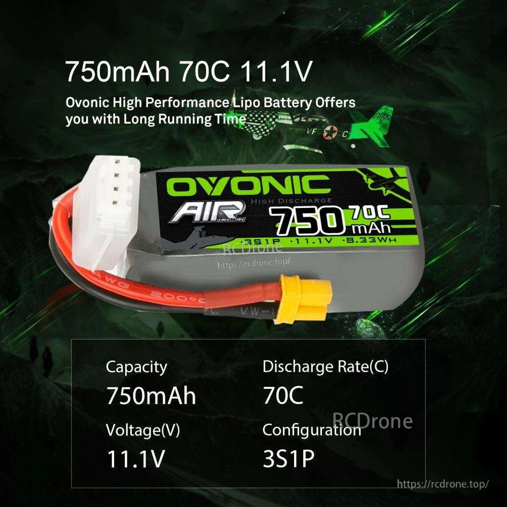 Specification graphic for Ovonic 750mAh 70C 11.1V (3S1P) LiPo battery showing capacity and discharge rate