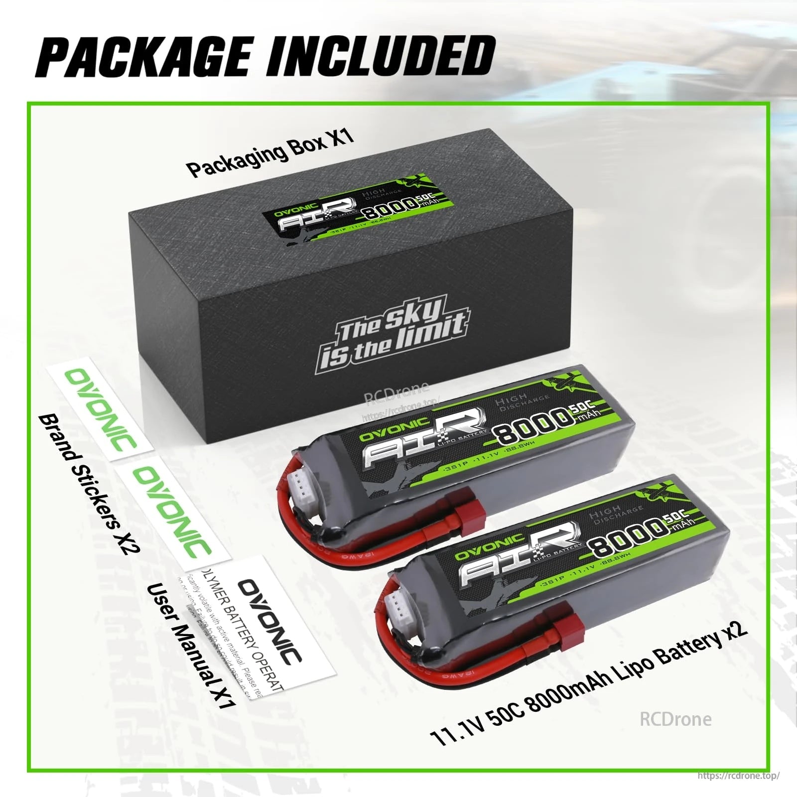 2-Pack Ovonic 3S 8000mAh 50C 11.1V LiPo Battery package contents with box, two packs, stickers, and user manual