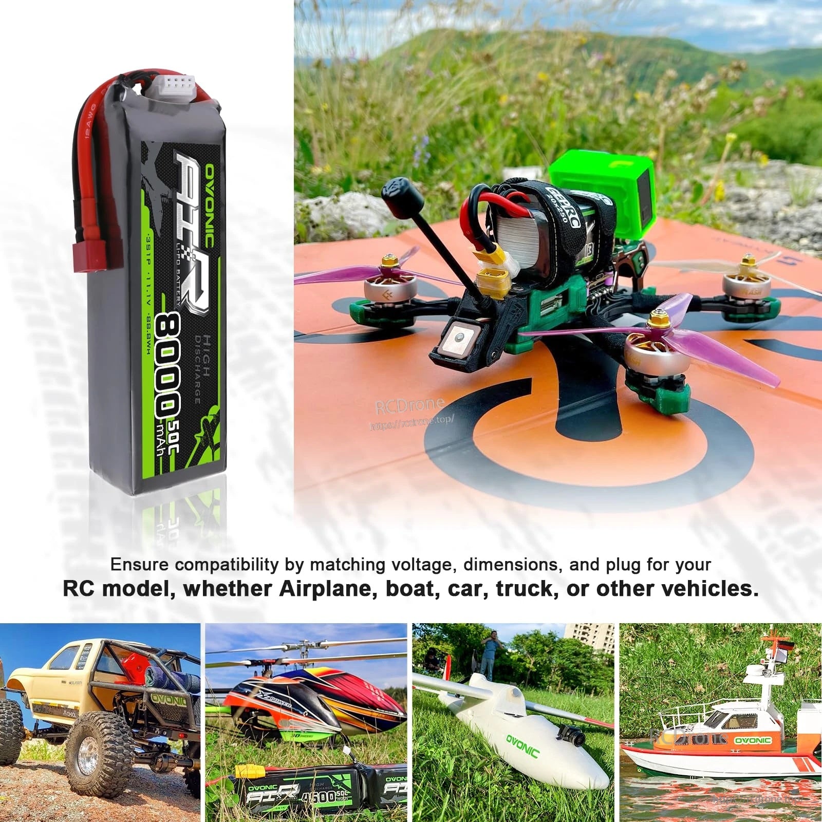 Compatibility collage: Ovonic 3S 8000mAh LiPo with RC drone and icons for airplane, boat, car, truck use