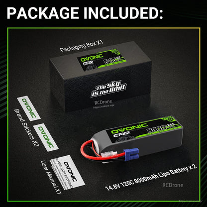 Package included: Ovonic 14.8V 120C 8000mAh LiPo battery, packaging box, brand stickers and user manual