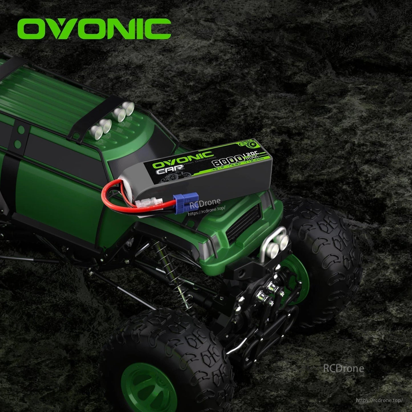 Ovonic 8000mAh 4S LiPo installed in RC off-road truck, showing wiring and battery placement