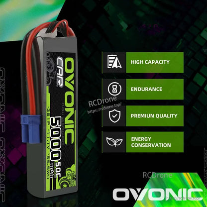 Ovonic RC car LiPo battery feature graphic with icons for capacity, endurance, quality and energy saving
