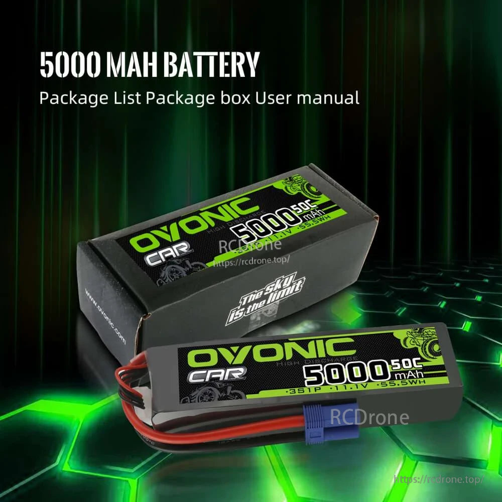Package contents shown: Ovonic 5000mAh 3S LiPo battery with retail box and user manual text