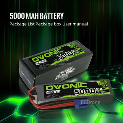 Package contents shown: Ovonic 5000mAh 3S LiPo battery with retail box and user manual text