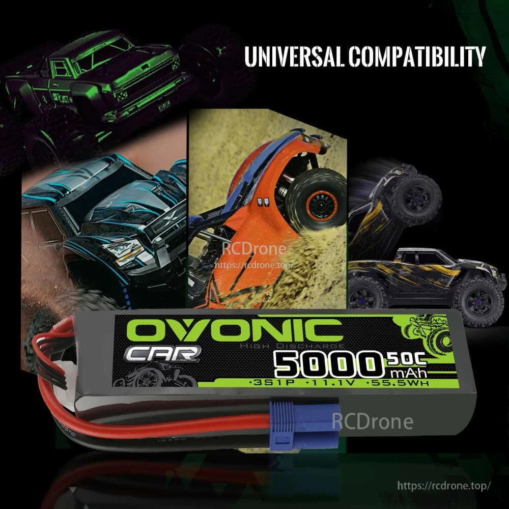 RC car use-case collage with Ovonic 5000mAh 3S 11.1V LiPo battery shown in front