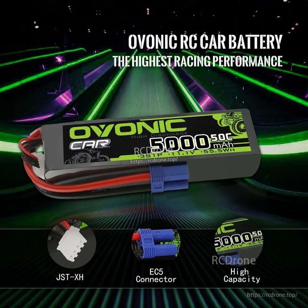 Ovonic 5000mAh 3S LiPo battery promo graphic showing EC5 connector and JST-XH balance plug icons