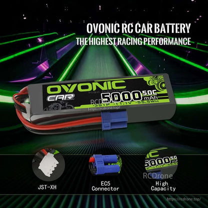 Ovonic 5000mAh 3S LiPo battery promo graphic showing EC5 connector and JST-XH balance plug icons