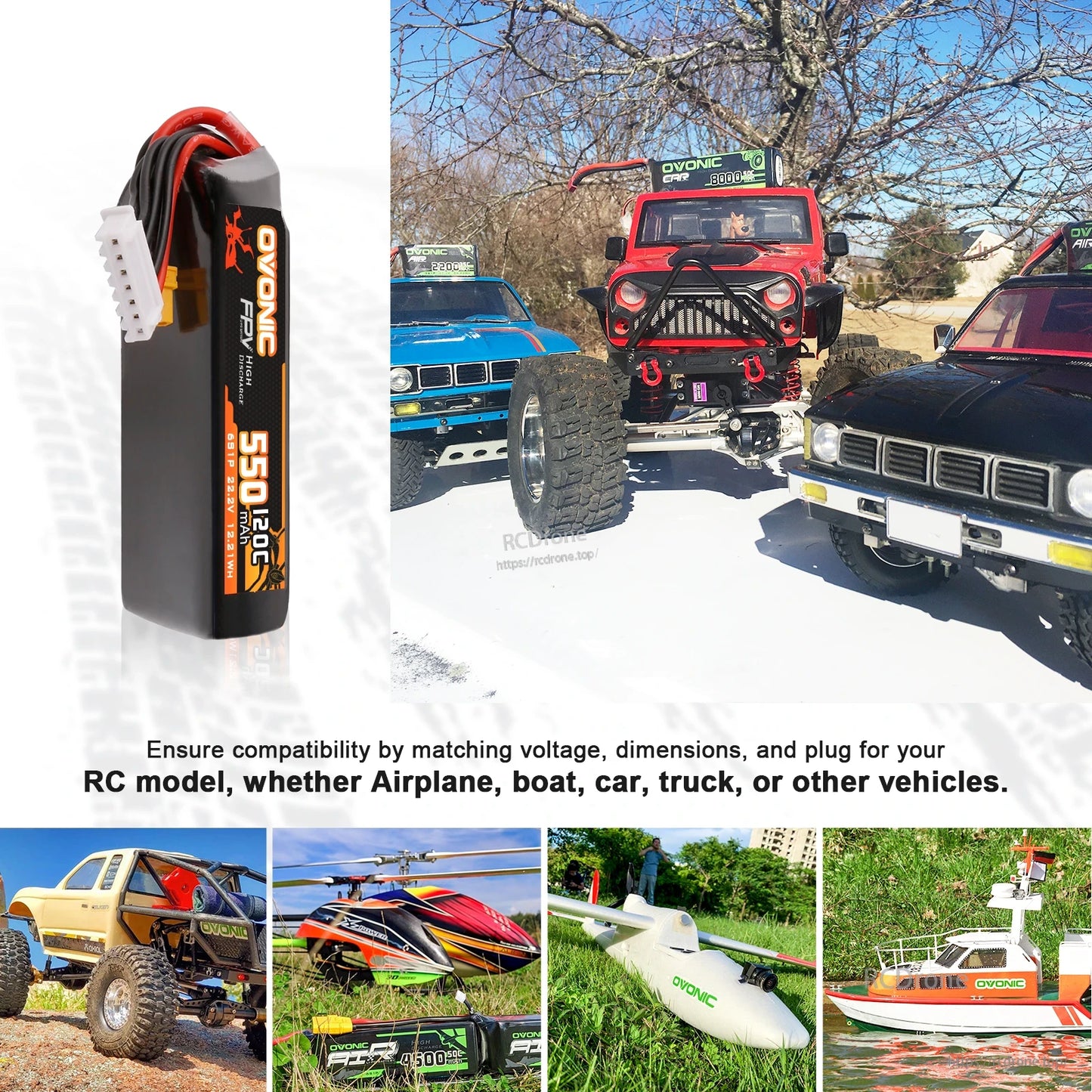 Side view of Ovonic 6S 550mAh LiPo plus RC model application collage (truck, helicopter, airplane, boat)