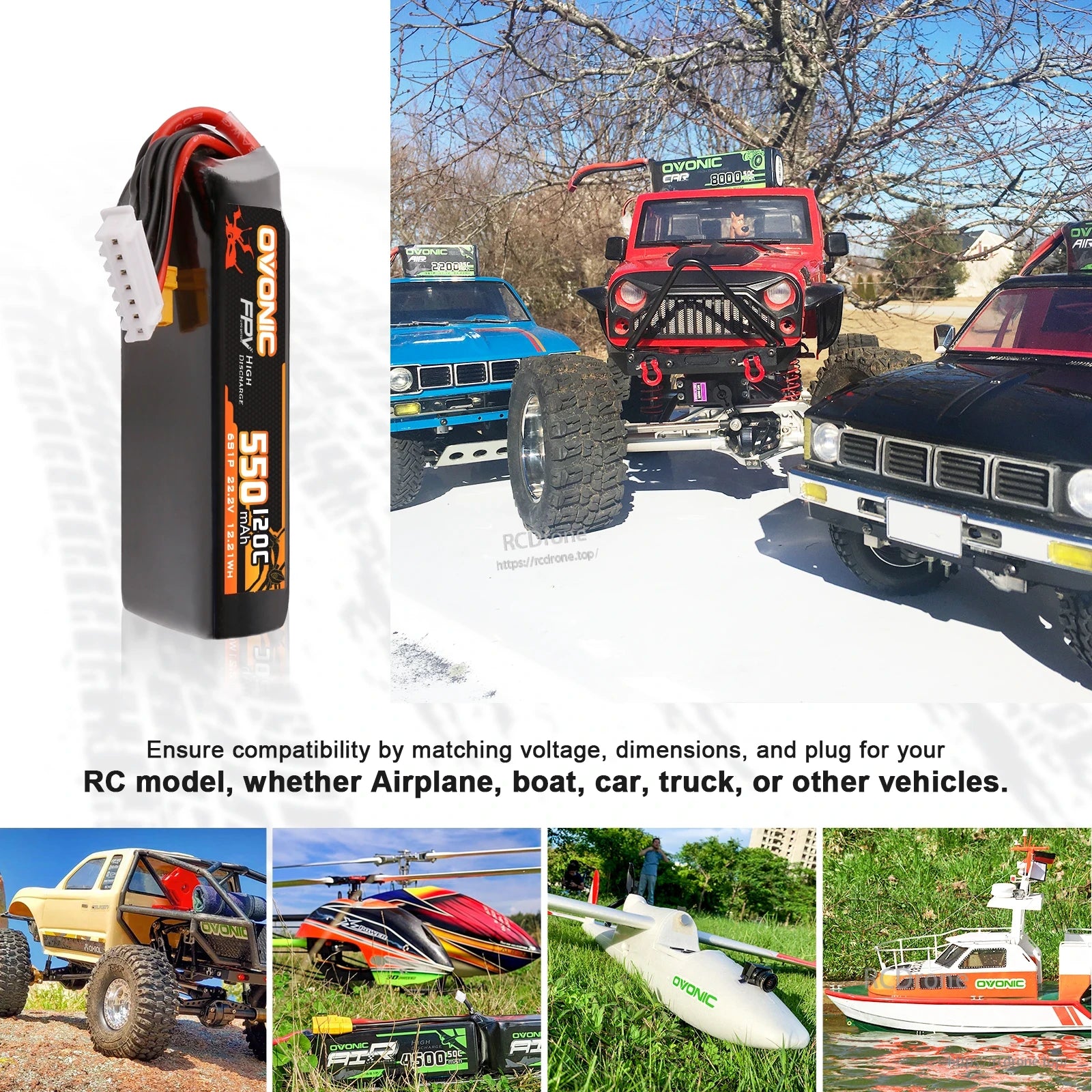 Side view of Ovonic 6S 550mAh LiPo plus RC model application collage (truck, helicopter, airplane, boat)