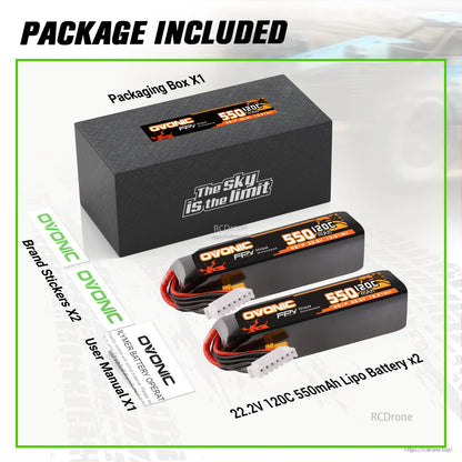 Package contents: Ovonic box, two 22.2V 550mAh 120C 6S LiPo batteries, stickers and user manual
