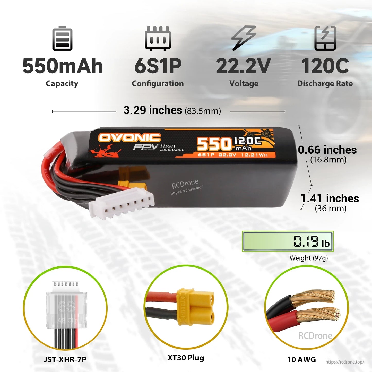 2× Ovonic 550mAh 6S 22.2V 120C LiPo Battery specs infographic with dimensions, weight, XT30 and JST-XHR-7P
