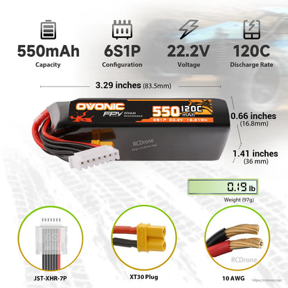 2× Ovonic 550mAh 6S 22.2V 120C LiPo Battery specs infographic with dimensions, weight, XT30 and JST-XHR-7P