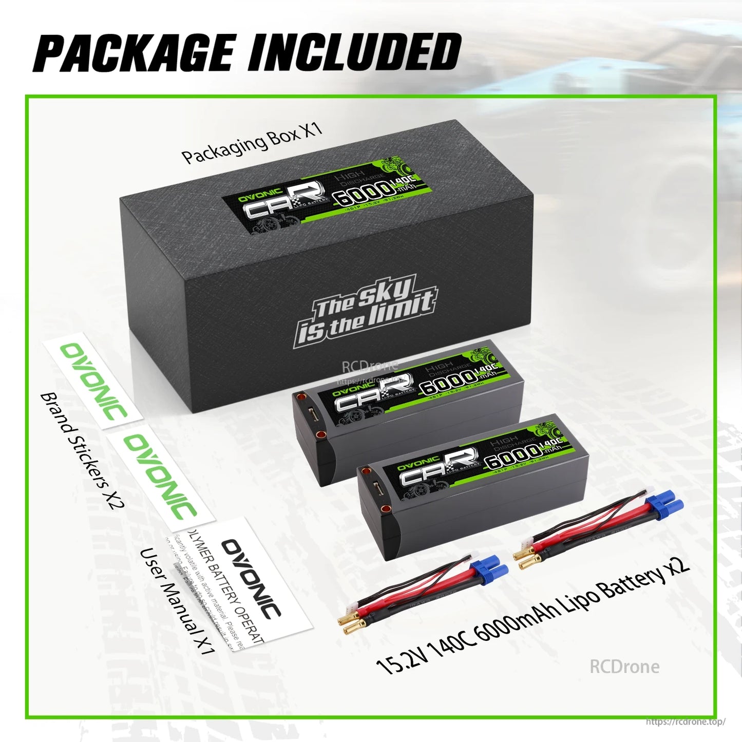 Package contents: Ovonic box, 2 hardcase 15.2V 6000mAh LiPo batteries, brand stickers, user manual