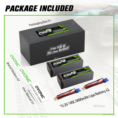 Package contents: Ovonic box, 2 hardcase 15.2V 6000mAh LiPo batteries, brand stickers, user manual