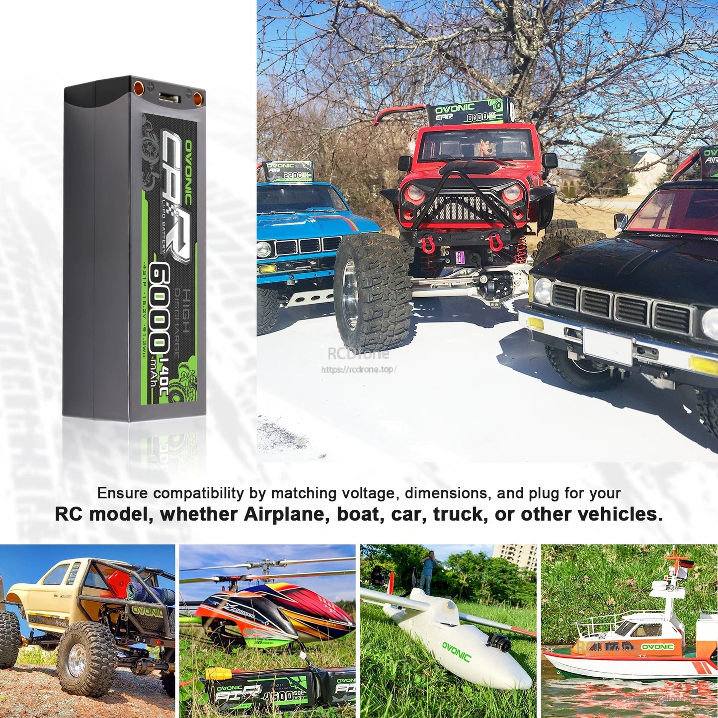 RC model use-case collage showing hardcase battery and examples for cars, trucks, aircraft and boat applications