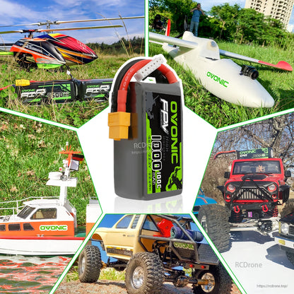 Ovonic 6S 1000mAh 22.2V 100C LiPo battery shown with RC helicopter, boat, plane and crawler use