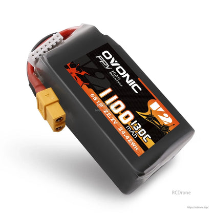2× Ovonic 6S 1100mAh 130C 22.2V FPV LiPo Battery close-up showing label, XT60 plug and balance connector