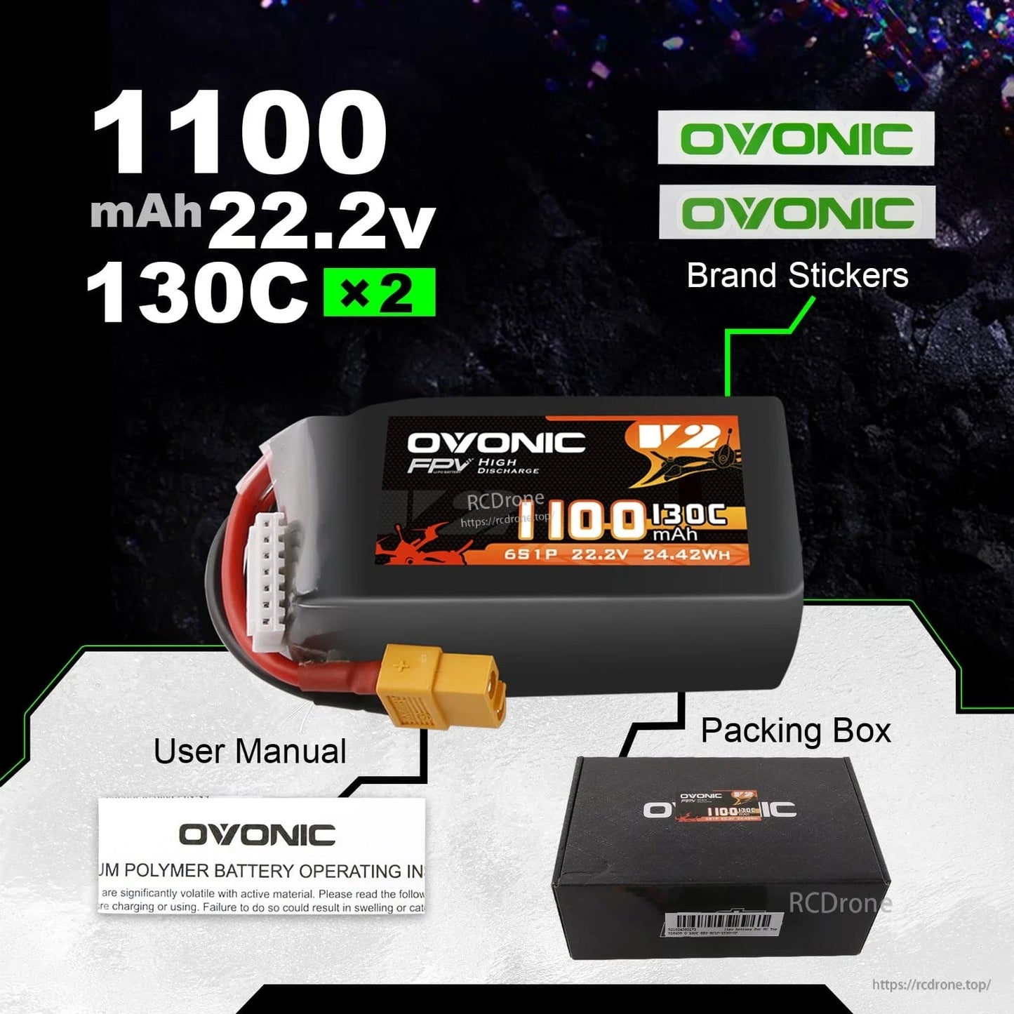 2× Ovonic 6S 1100mAh 130C 22.2V FPV LiPo Battery set with packing box, manual, and brand stickers