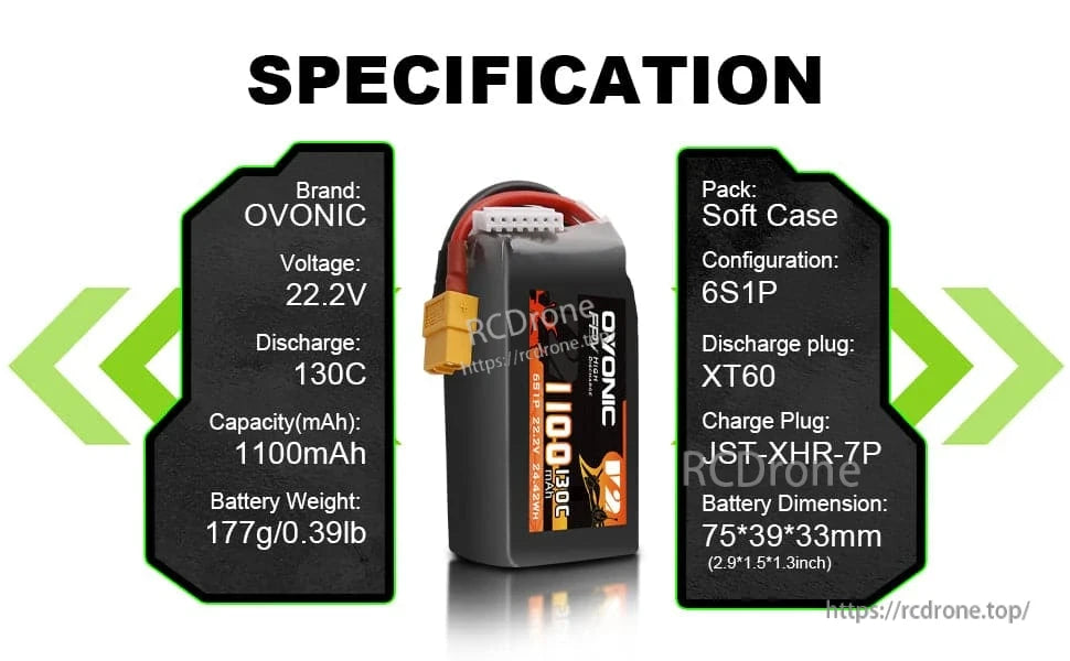 Specification graphic for Ovonic 6S1P LiPo: 22.2V 1100mAh 130C, XT60 plug, JST-XHR-7P charge lead, 75×39×33mm