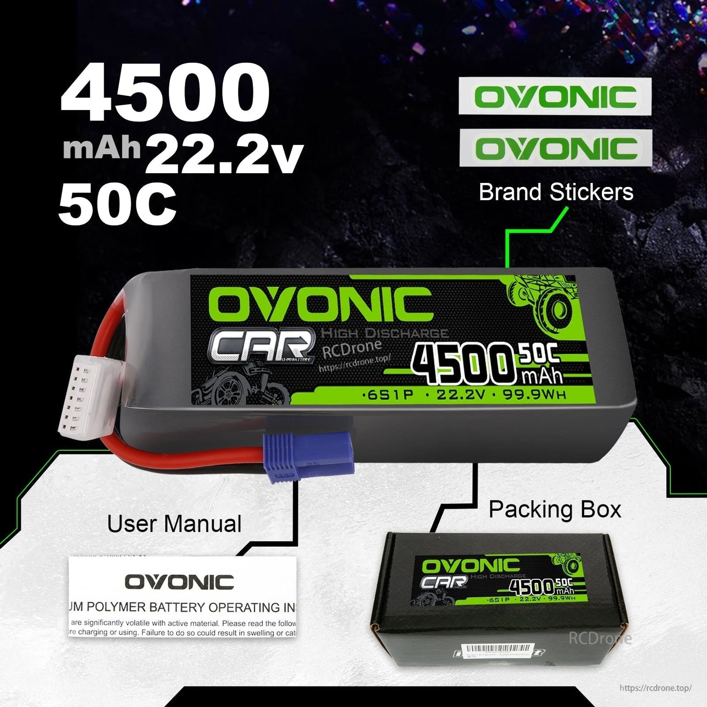 Package contents graphic: Ovonic 4500mAh 22.2V 50C LiPo battery, packing box, user manual and brand stickers