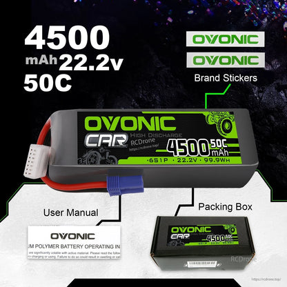 Package contents graphic: Ovonic 4500mAh 22.2V 50C LiPo battery, packing box, user manual and brand stickers