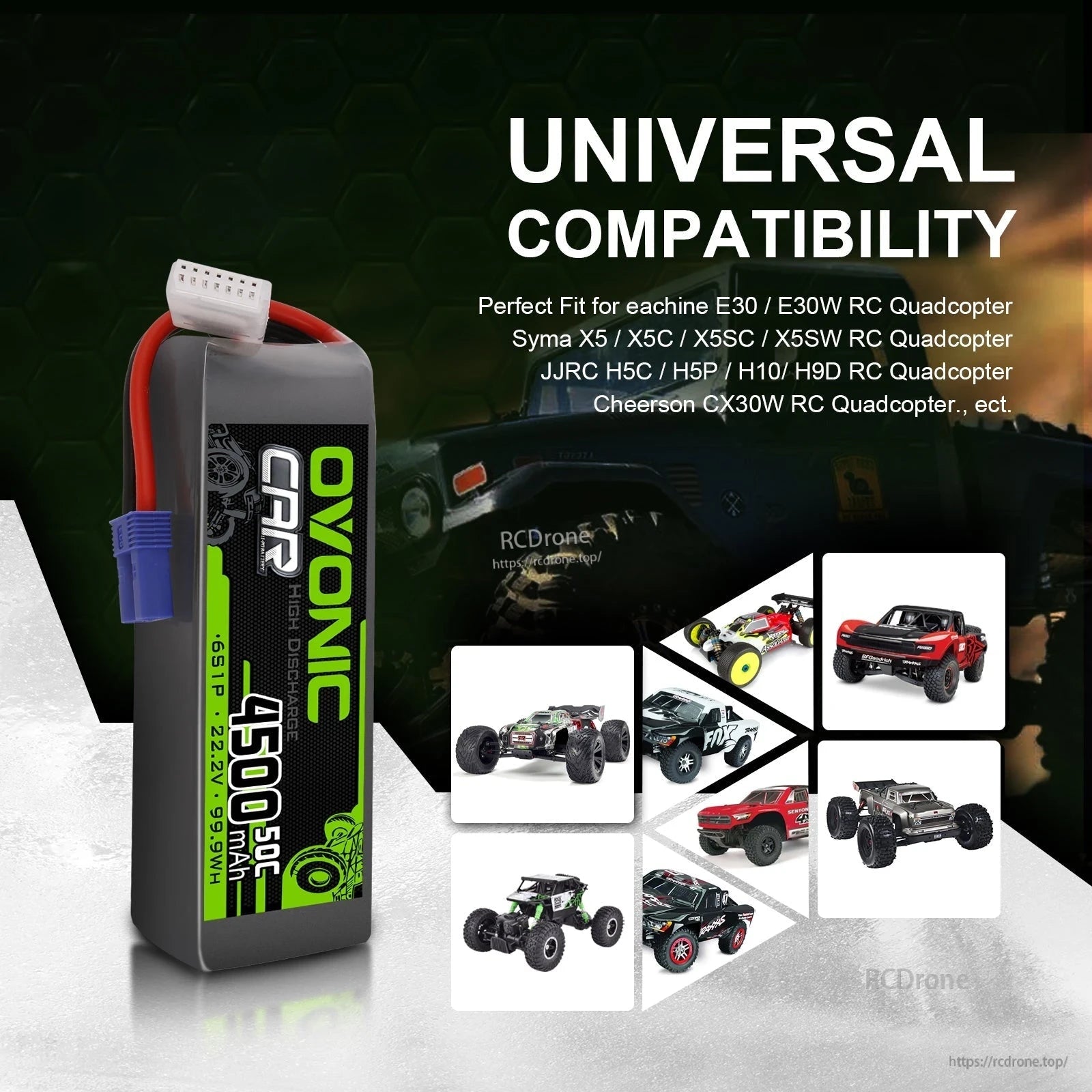 Universal compatibility graphic showing Ovonic 6S LiPo battery alongside RC car and quadcopter examples
