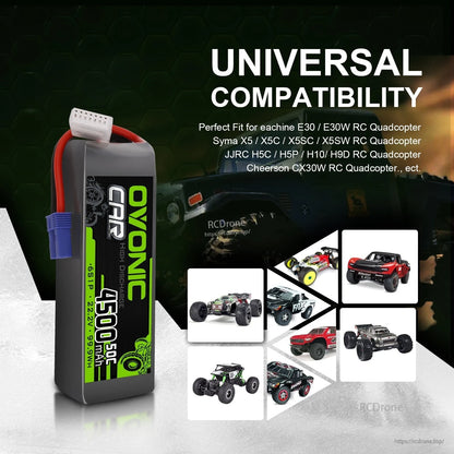 Universal compatibility graphic showing Ovonic 6S LiPo battery alongside RC car and quadcopter examples