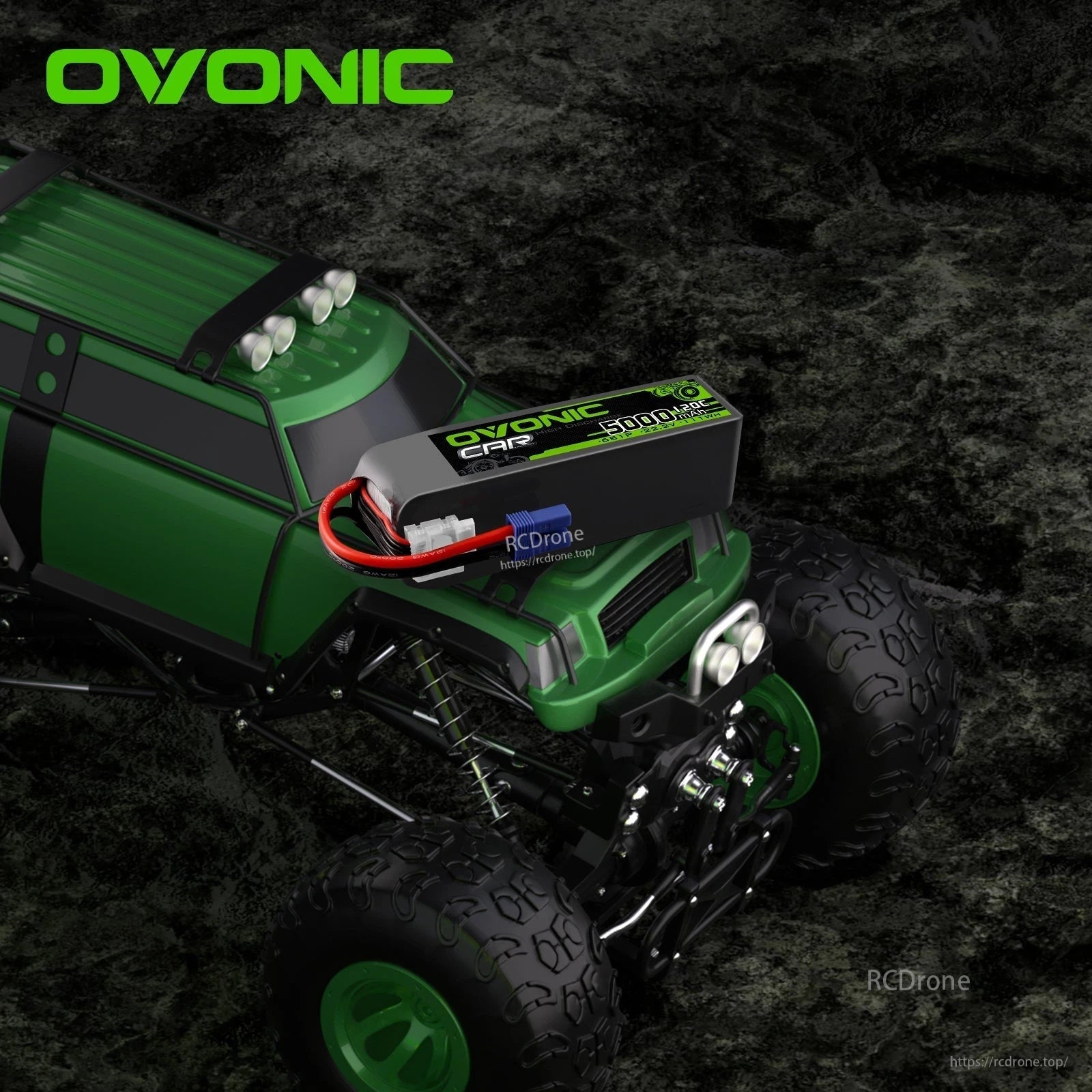 RC car use case image with Ovonic LiPo battery pack installed on green off-road truck