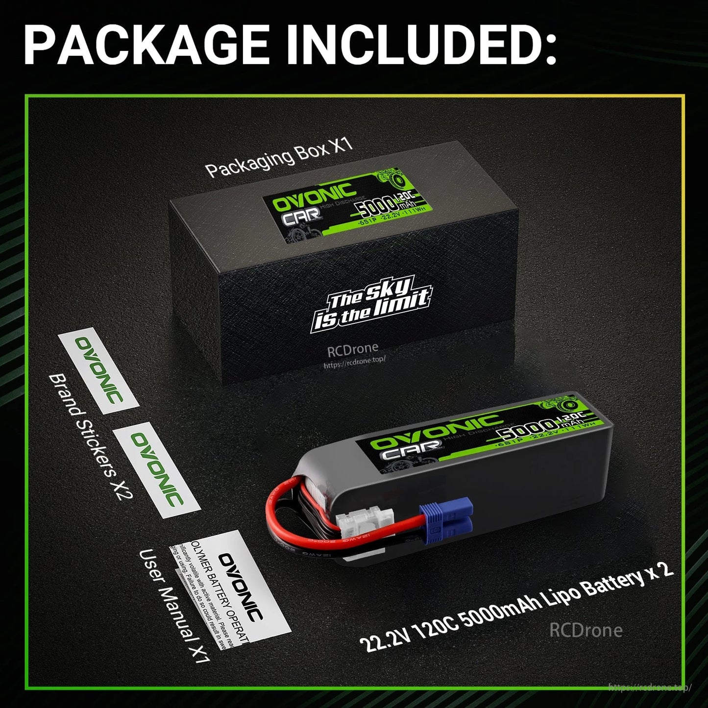 Package contents: two Ovonic 6S 5000mAh batteries, packaging box, brand stickers, user manual
