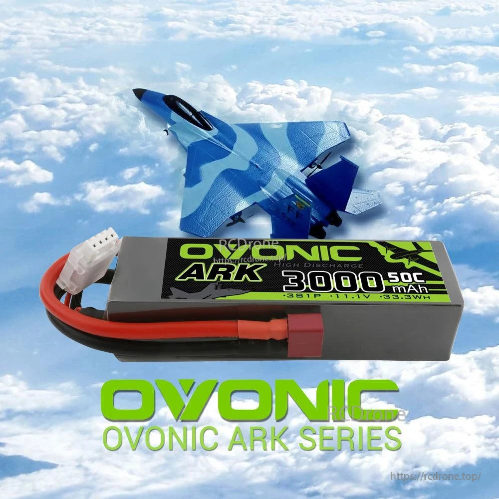 Ovonic ARK series LiPo battery shown with RC jet aircraft background, Deans plug and balance lead