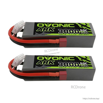 Two Ovonic ARK 3000mAh 50C LiPo batteries on white background, side view showing leads and label