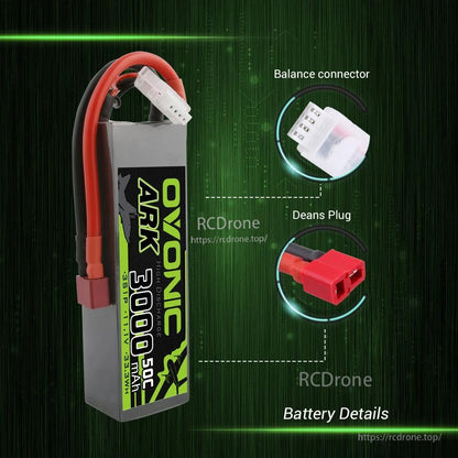 Battery details graphic highlighting balance connector and Deans plug close-up on Ovonic ARK pack