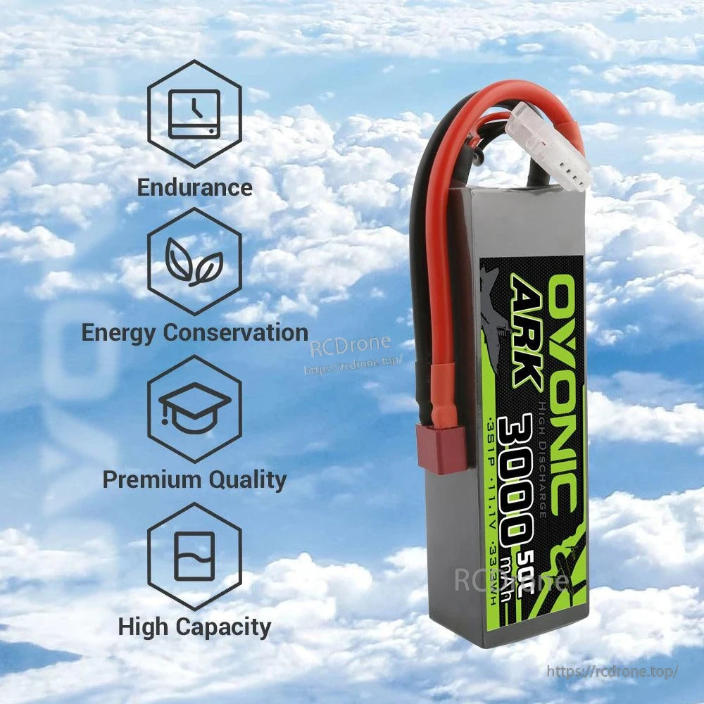 Feature icons graphic beside Ovonic ARK 3000mAh 3S LiPo battery: endurance, energy conservation, quality