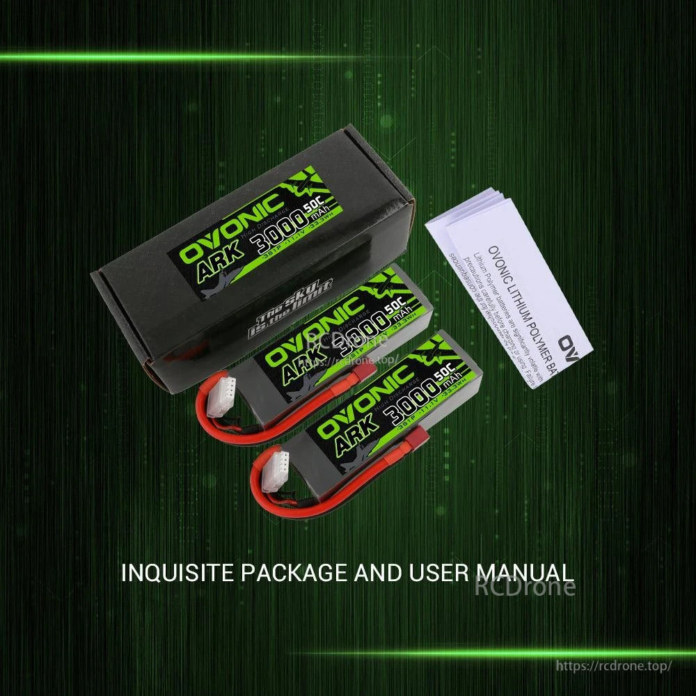 Package contents: Ovonic ARK battery box, two LiPo packs, and OVONIC lithium polymer user manual