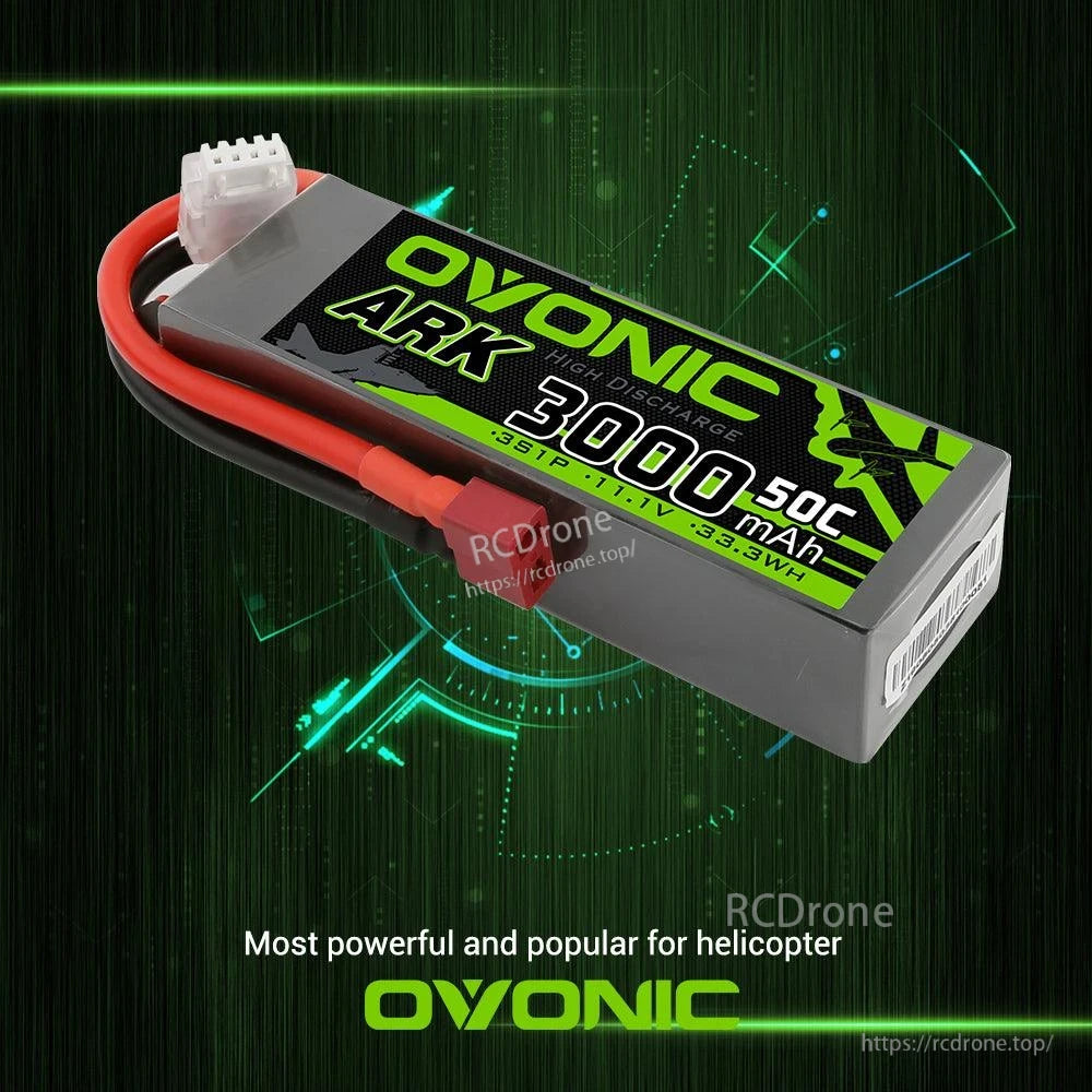 Ovonic ARK 3000mAh 3S LiPo promotional graphic showing battery at angle on green tech background