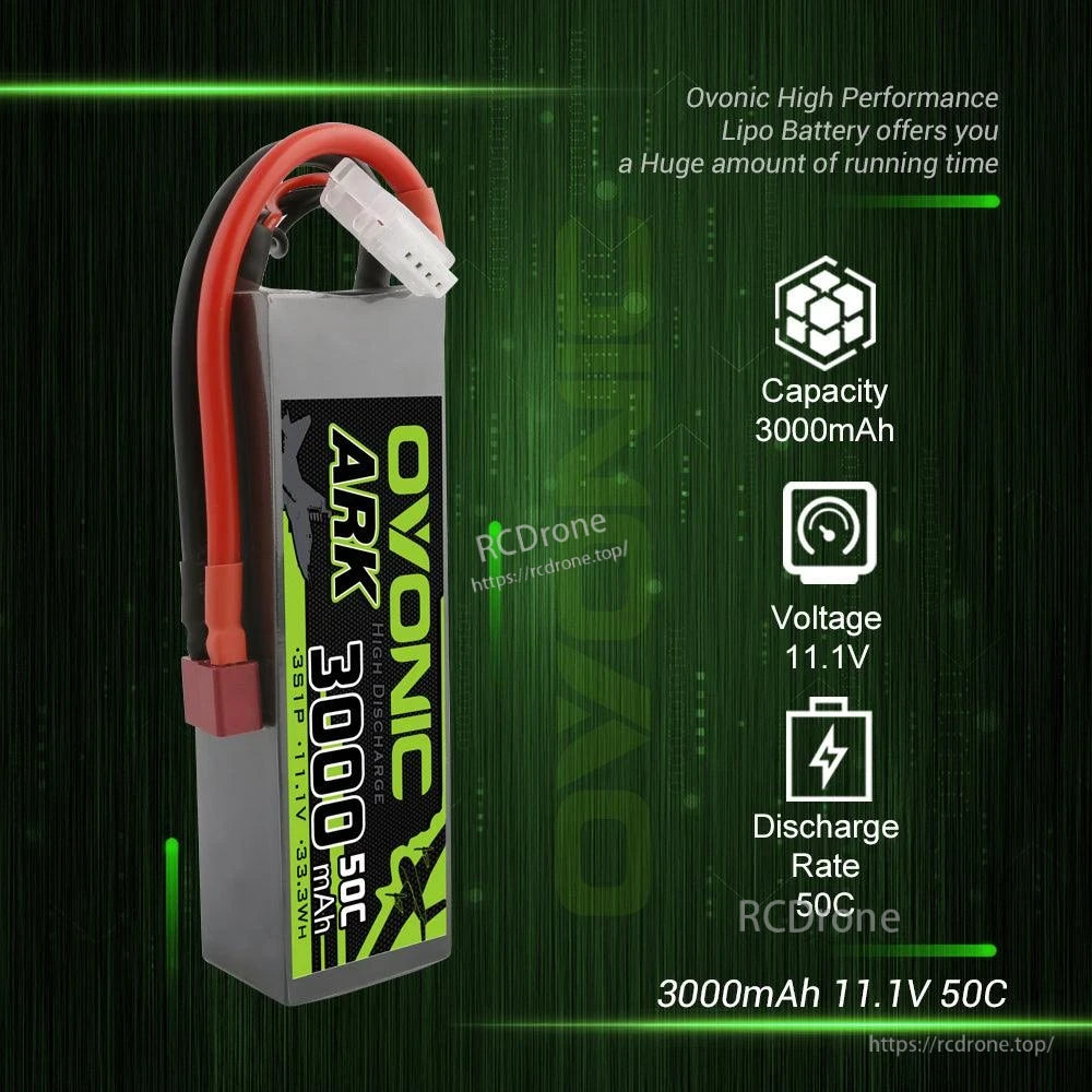 Ovonic ARK LiPo spec graphic showing 3000mAh capacity, 11.1V voltage and 50C discharge rate icons