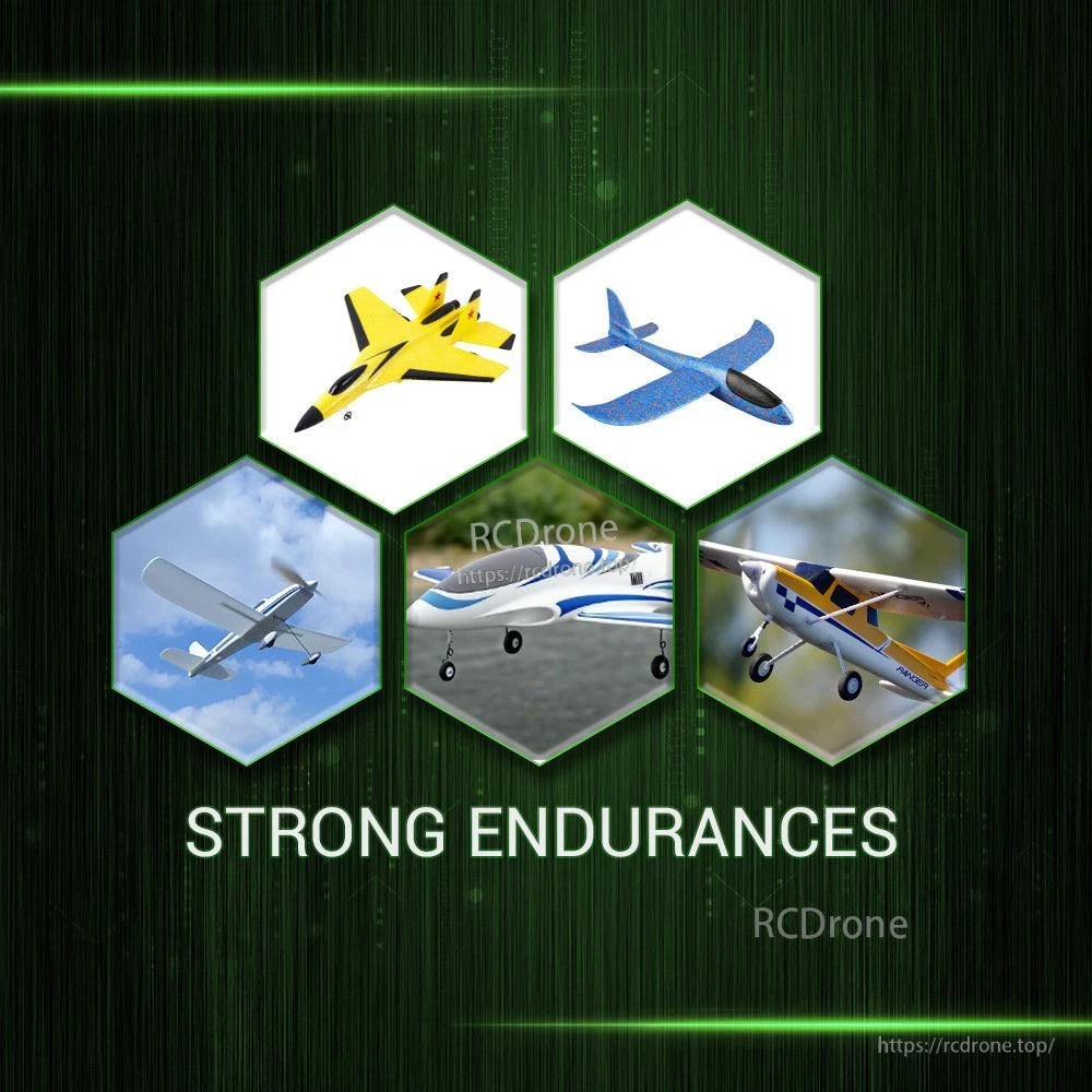 Strong endurances graphic with multiple RC airplane illustrations indicating use for aircraft models