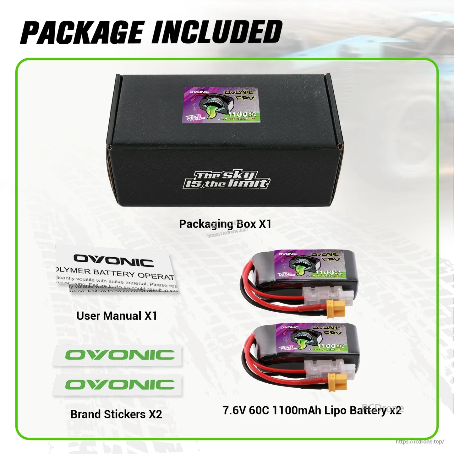 Package included: box, two 7.6V 1100mAh 60C batteries, user manual, and two Ovonic stickers