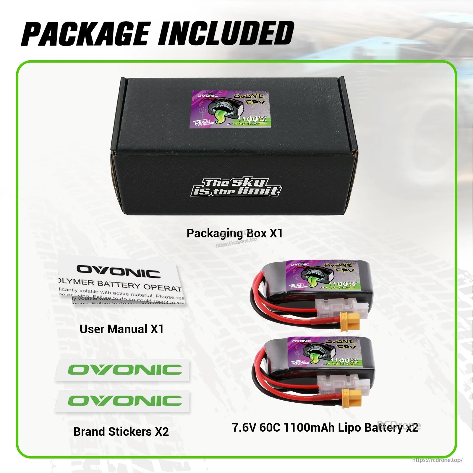 Package included: box, two 7.6V 1100mAh 60C batteries, user manual, and two Ovonic stickers