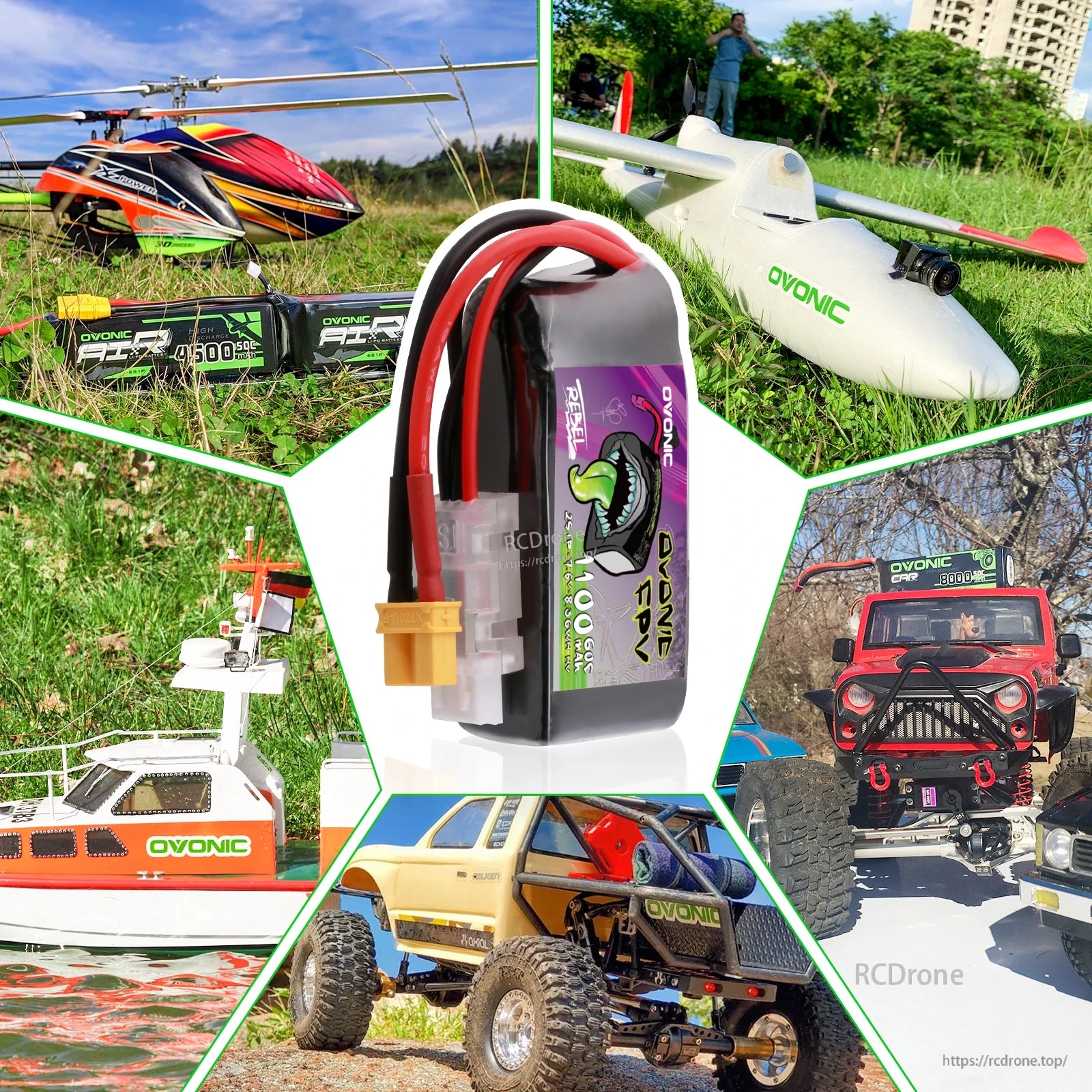 Battery use case collage with RC helicopter, plane, boat, off-road trucks, and the LiPo pack centered