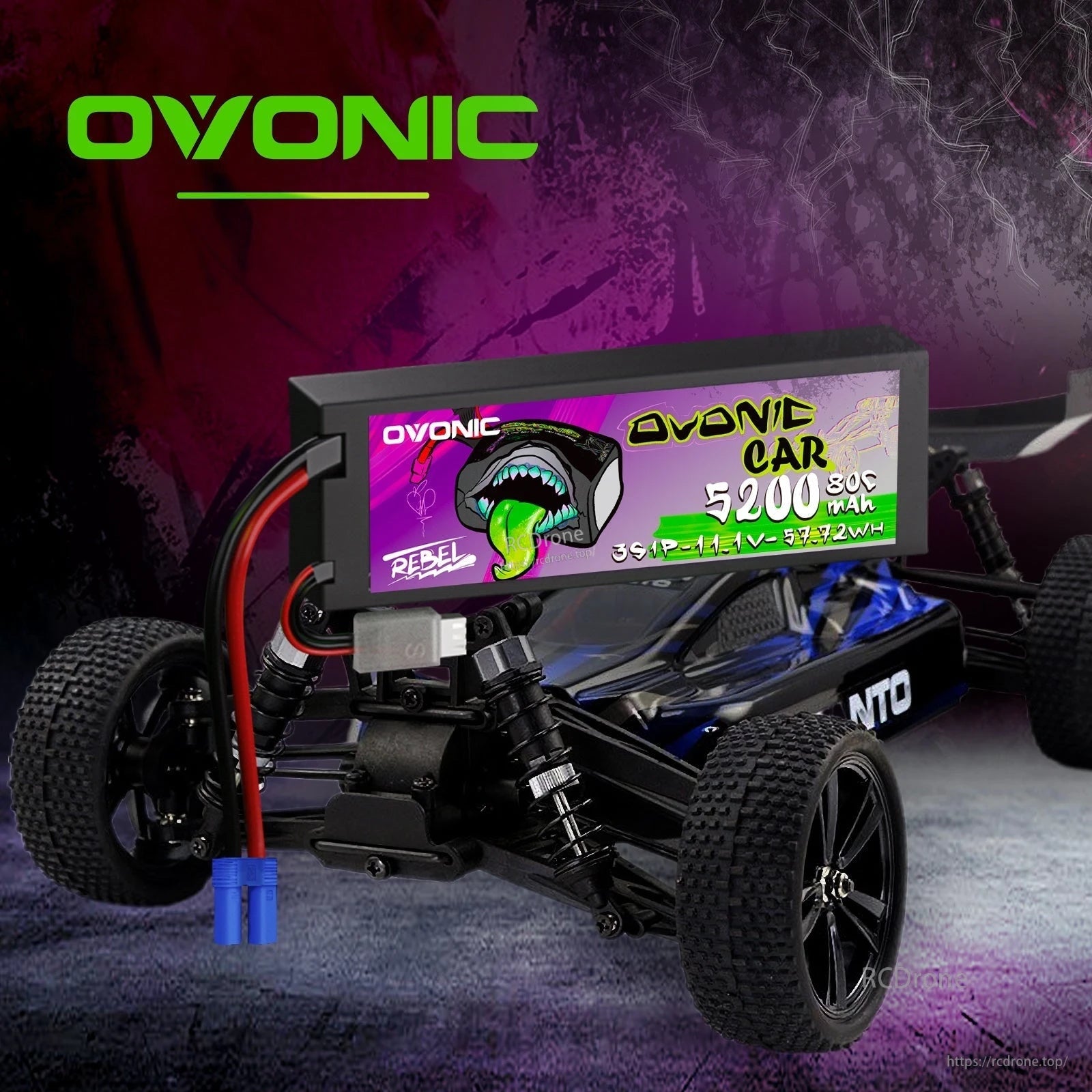 Ovonic Rebel 2.0 hardcase LiPo battery shown installed in an Arrma-style RC car chassis with EC5 lead
